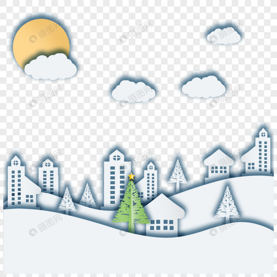 冬季圣诞剪纸圣诞树太阳城市图片