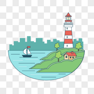 卡通海洋灯塔城市外绿色海岸房屋插画高清图片