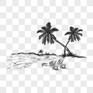 素描黑白夏季沙滩躺椅铅笔画图片