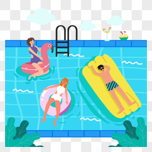 泳池晒太阳夏季海边人物插画图片