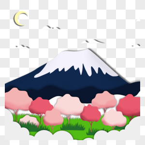 樱花夜色森林山云剪纸画图片