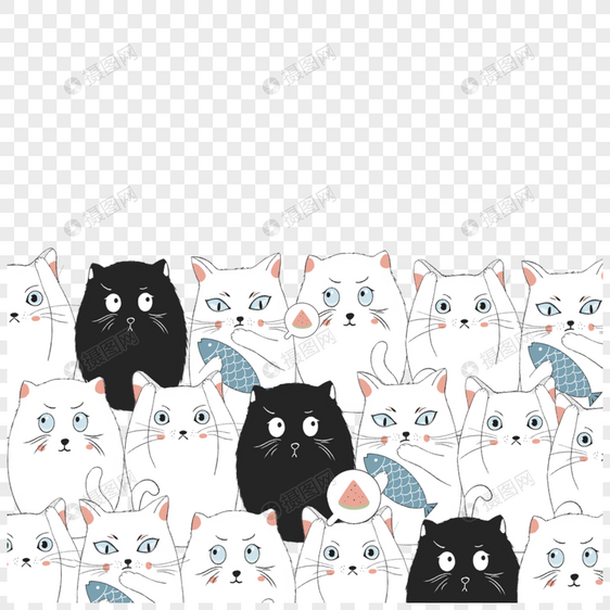 黑色和白色抱着小鱼的猫咪可爱卡通动物图片