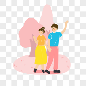春季郊游插画粉色树木携手的情侣人物风格高清图片素材