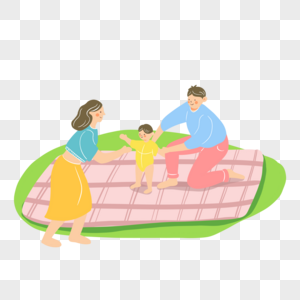 春季郊游插画粉色野餐布上学步的婴儿一家扁平高清图片素材