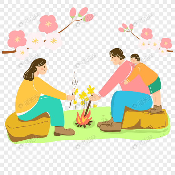 春季郊游插画篝火烤肉的情侣图片