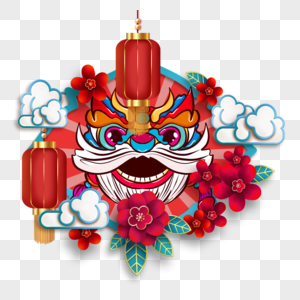 农历春节舞狮边框花朵红色图片