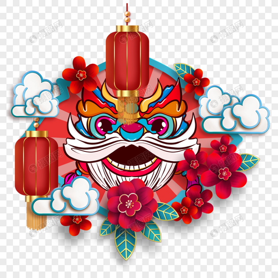 农历春节舞狮边框花朵红色图片