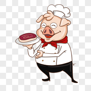 猪厨师卡通风格手端牛排形象图片