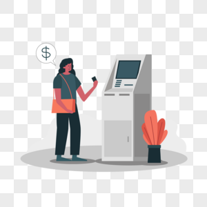女人银行卡atm机器银取钱概念插画图片