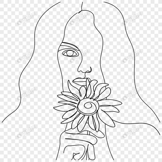 女人正面肖像花卉线条画极简图片