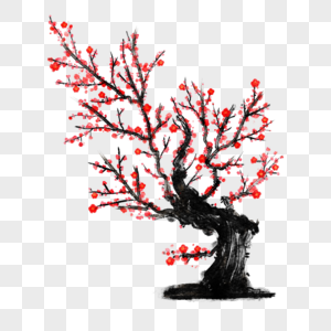 红色梅花树枝水墨风格图片
