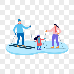 三人家庭滑雪运动扁平风格插画图片