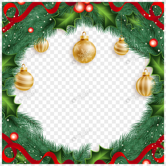 金色铃铛挂件红色丝带装饰圣诞冬青边框图片