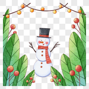 圣诞节植物边框的水彩雪人图片