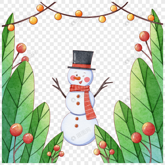 圣诞节植物边框的水彩雪人图片