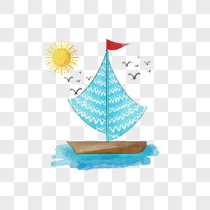 水彩夏季海洋轮船与太阳图片