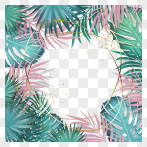 粉绿色夏季棕榈叶金线边框图片