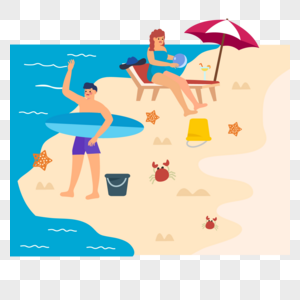 沙滩风景夏季海边人物插画图片