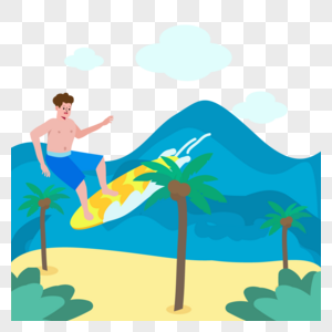 冲浪的男孩夏季海边人物插画图片