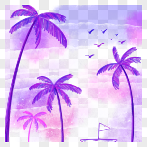 水彩风格海边景色椰子树海鸥图片