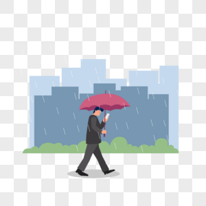 雨天打伞边走边看手机穿西装的男人插画图片