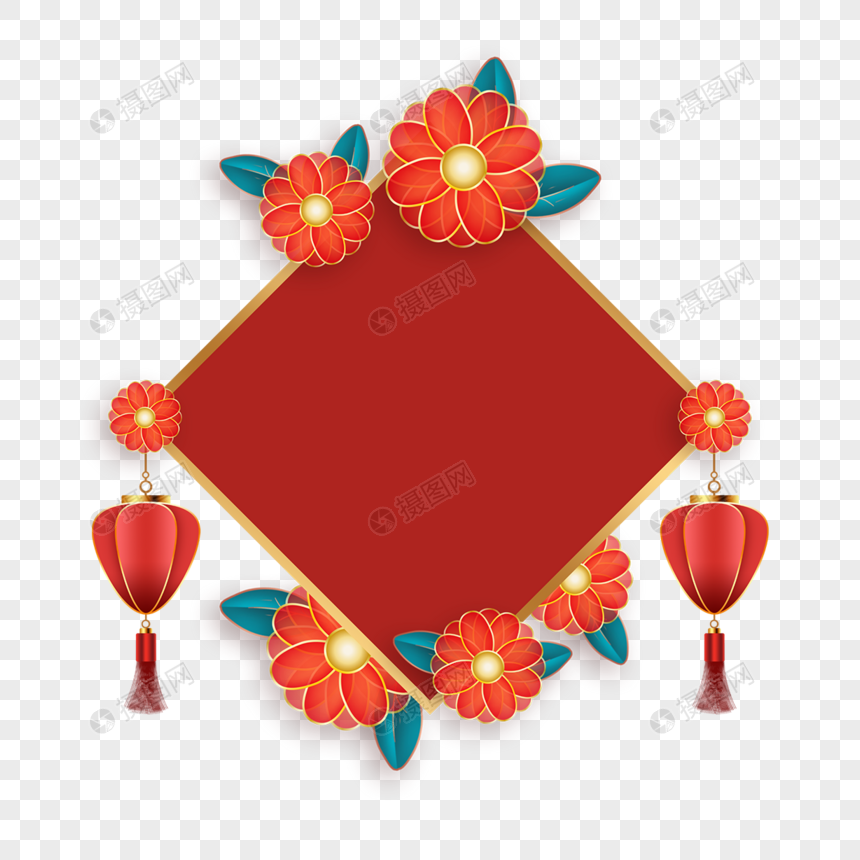 红色新年花朵灯笼边框图片