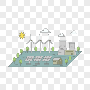 发电风车太阳能板核电站环保绿色能源概念插画图片
