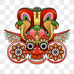 斯里兰卡毒蛇舞者面具插画风格红色图片