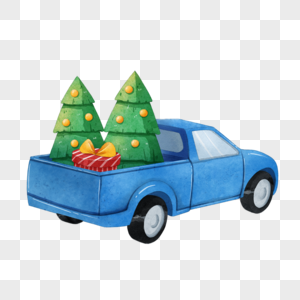 圣诞汽车和圣诞树水彩图片