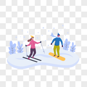雪地滑雪的情侣扁平风格插画图片