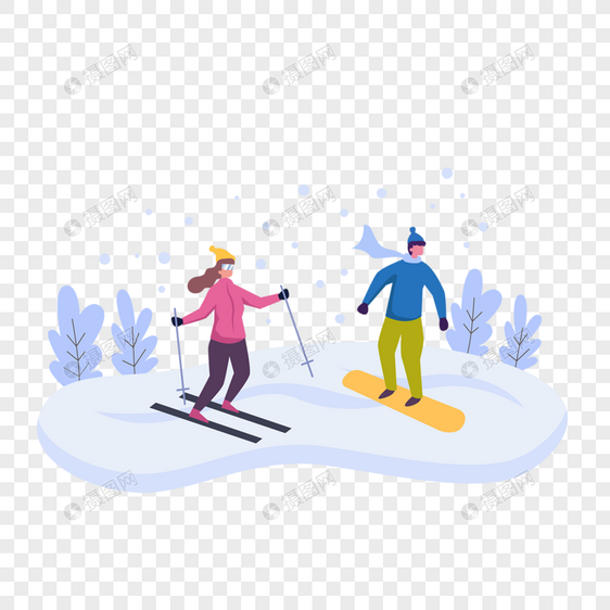 雪地滑雪的情侣扁平风格插画图片