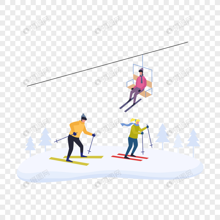 雪山滑雪运动的人扁平风格插画图片