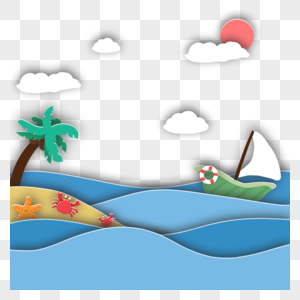 剪纸风格帆船海上航行沙滩椰树图片