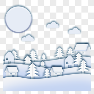 冬季圣诞剪纸太阳村庄树木云朵美丽图片
