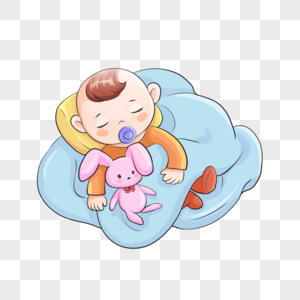 毯子里睡觉的可爱婴儿与玩具兔子图片