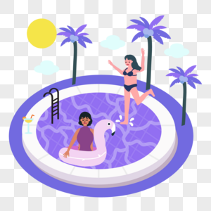 紫色可爱泳池夏季海边人物插画图片