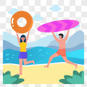 举着泳圈的夏季海边人物插画图片