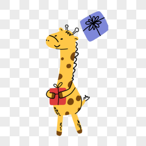 抱着礼盒的黄色长颈鹿抽象线条动物涂鸦图片