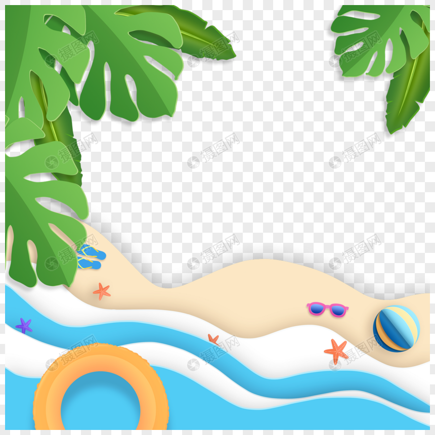 蓝白海浪黄色泳圈夏季剪纸沙滩边框图片