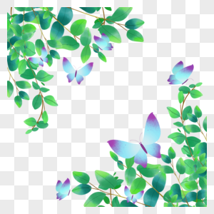 绿色树叶蝴蝶飞舞水彩边框图片