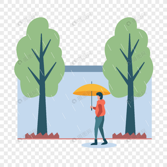 雨天打伞墙边走路的男人插画图片