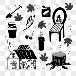 乡村小木屋座椅树桩花盆黑白涂鸦图片