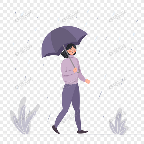拿着雨伞的短头发女孩雨中打伞插画图片