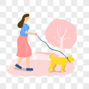 春季郊游插画樱花树和遛狗的女生风格高清图片素材