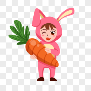 小女孩穿着兔子服装抱着萝卜角色扮演高清图片