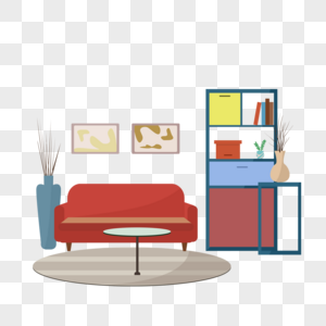 客厅书柜红沙发扁平风格插画图片