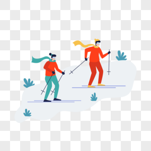 雪山滑雪运动情侣扁平风格插画图片