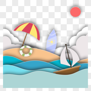 剪纸风格帆船海上航行沙滩遮阳伞图片