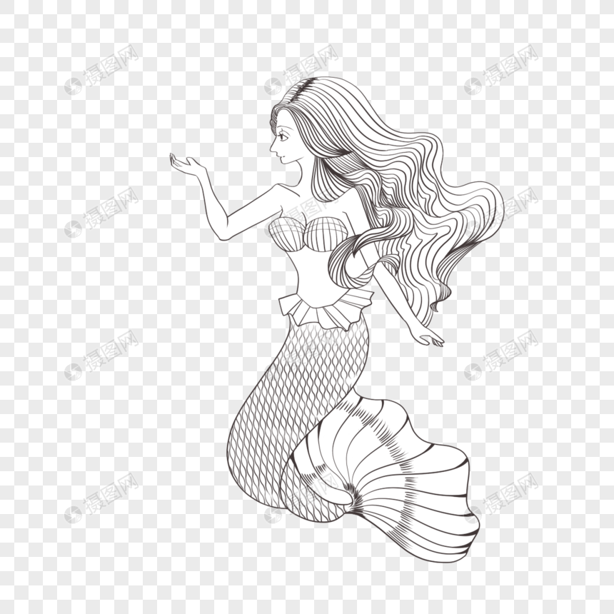 黑白上色线描简单神话美人鱼图案图片