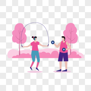 跳绳运动插画夫妇锻炼女人跳绳男人联系哑铃图片